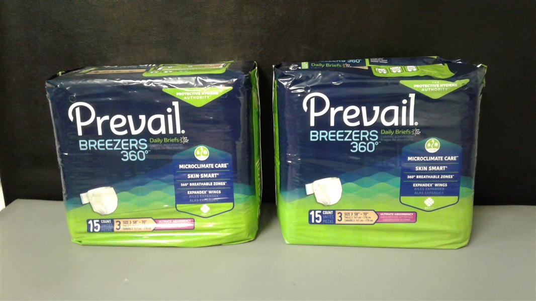 2- Packs Incontinent Brief Prevail Breezers360 Tab Closure Size 3 Disposable Heavy Absorbency