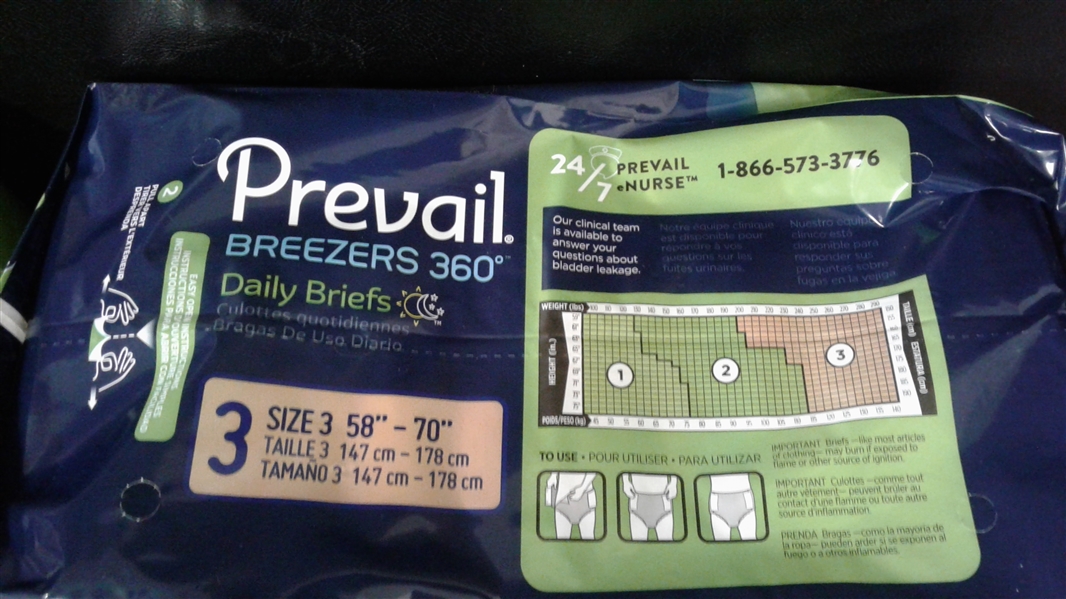 2- Packs Incontinent Brief Prevail Breezers360 Tab Closure Size 3 Disposable Heavy Absorbency