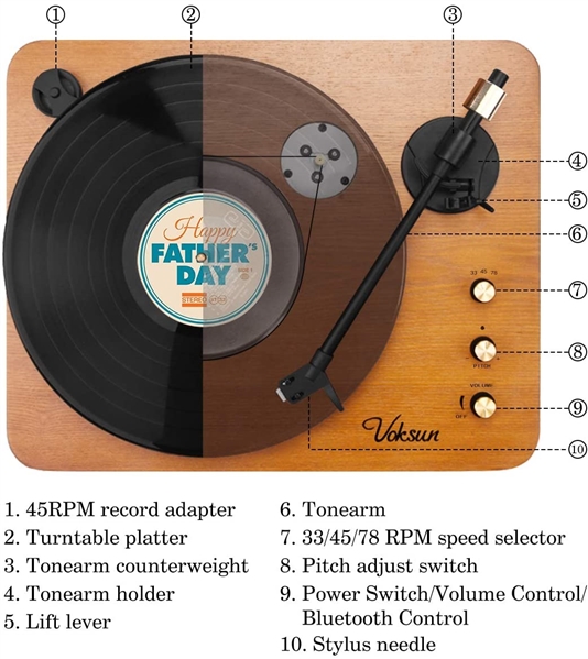 Voksun 3-Speed Precision Turntable with Dual 15 Watt Speakers & Bluetooth