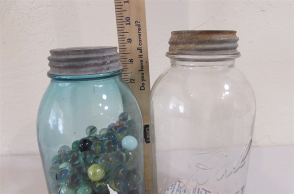 4 VINTAGE/ANTIQUE MASON JARS WITH MARBLES & MORE