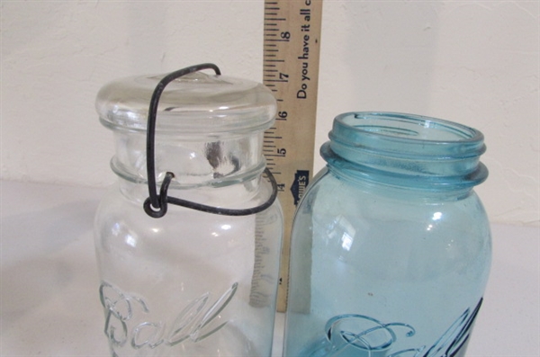 4 VINTAGE/ANTIQUE MASON JARS WITH MARBLES & MORE