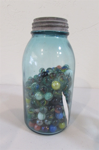 4 VINTAGE/ANTIQUE MASON JARS WITH MARBLES & MORE