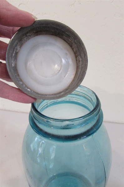 4 VINTAGE/ANTIQUE MASON JARS WITH MARBLES & MORE