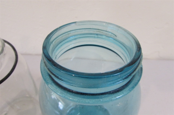 4 VINTAGE/ANTIQUE MASON JARS WITH MARBLES & MORE