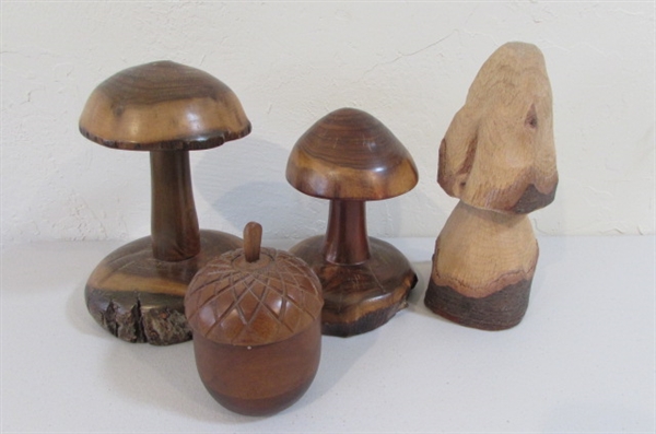 CARVED WOODEN MUSHROOMS 2 MARKED WAH 96 AND ACORN CANDLE