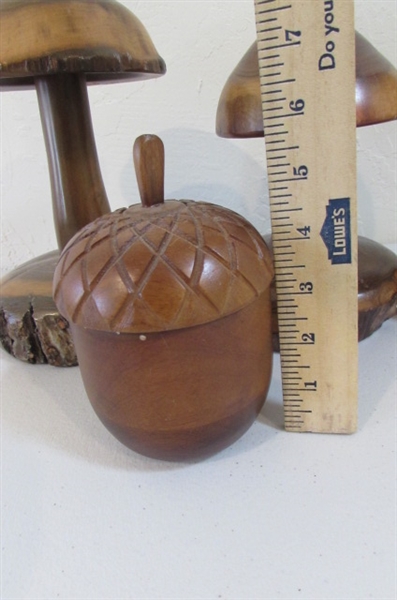 CARVED WOODEN MUSHROOMS 2 MARKED WAH 96 AND ACORN CANDLE