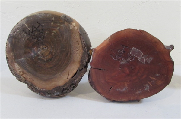 CARVED WOODEN MUSHROOMS 2 MARKED WAH 96 AND ACORN CANDLE