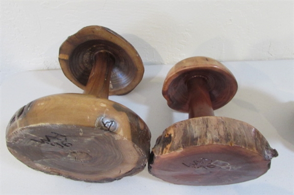 CARVED WOODEN MUSHROOMS 2 MARKED WAH 96 AND ACORN CANDLE