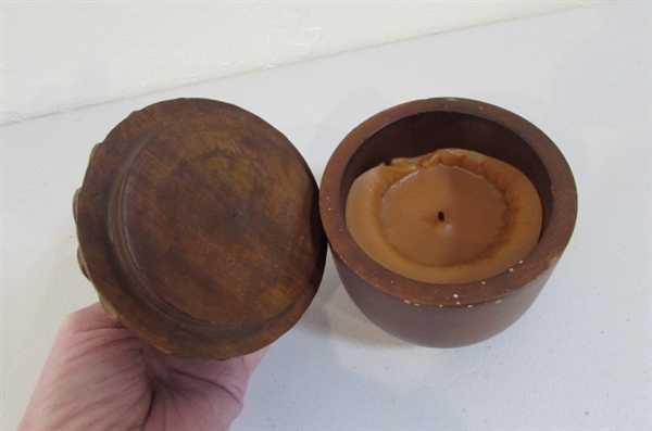 CARVED WOODEN MUSHROOMS 2 MARKED WAH 96 AND ACORN CANDLE