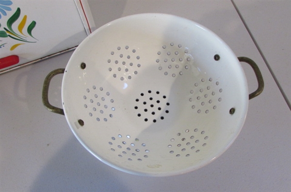 VINTAGE METAL FLOWER BREAD BOX AND A VARIETY OF KITCHEN STRAINERS