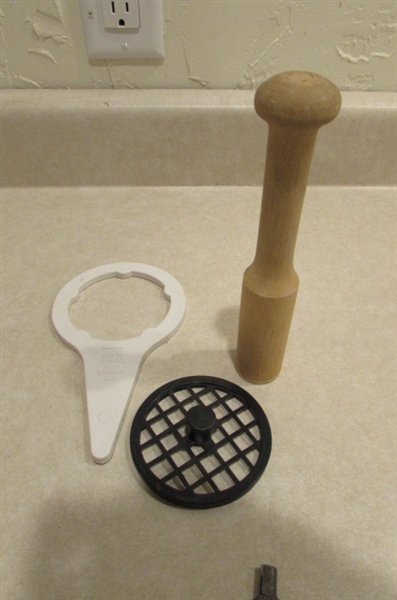 VINTAGE KITCHEN AIDE WITH FOOD GRINDER AND OTHER ATTACHMENTS