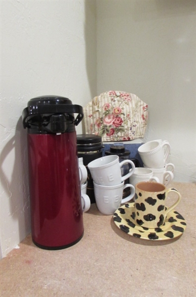 NEW IN BOX DECORATIVE TEA POT, CARAFE, JAR, COFFEE PRESS AND MUGS