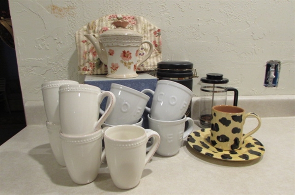 NEW IN BOX DECORATIVE TEA POT, CARAFE, JAR, COFFEE PRESS AND MUGS