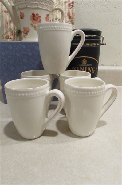 NEW IN BOX DECORATIVE TEA POT, CARAFE, JAR, COFFEE PRESS AND MUGS