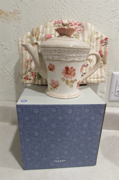 NEW IN BOX DECORATIVE TEA POT, CARAFE, JAR, COFFEE PRESS AND MUGS