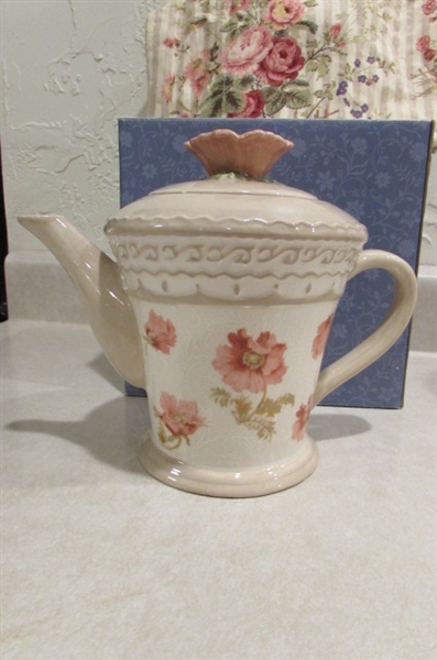 NEW IN BOX DECORATIVE TEA POT, CARAFE, JAR, COFFEE PRESS AND MUGS