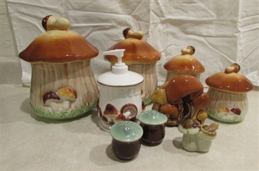 MUSHROOM CANISTER SET WITH NAPKIN HOLDER, AND SOAP DISPENSER, SALT & PEPPER AND TOOTHPICK HOLDER