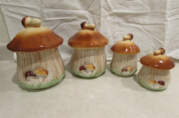 MUSHROOM CANISTER SET WITH NAPKIN HOLDER, AND SOAP DISPENSER, SALT & PEPPER AND TOOTHPICK HOLDER