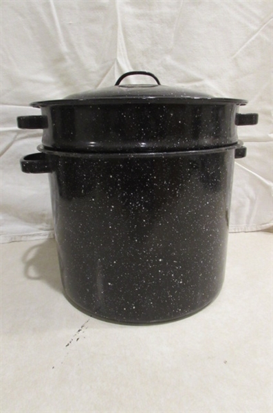 SPECKLED ENAMELWARE DOUBLE BOILER AND LARGE POT WITH LID