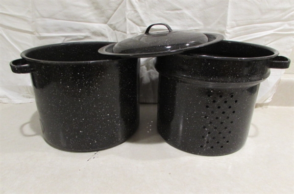 SPECKLED ENAMELWARE DOUBLE BOILER AND LARGE POT WITH LID