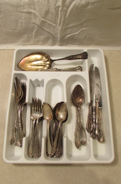 STERLING SILVER UTENSILS INCLUDING FORKS SPOONS KNIVES AND A SERVING SPATULA