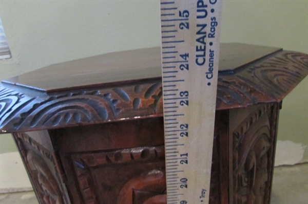 CARVED ASIAN END TABLE REMOVABLE TOP WITH HINGED PANELS