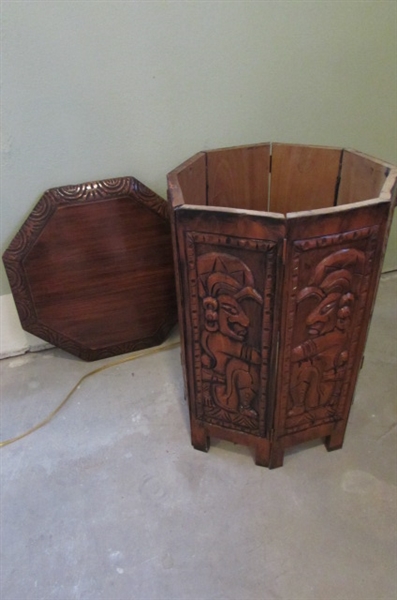 CARVED ASIAN END TABLE REMOVABLE TOP WITH HINGED PANELS