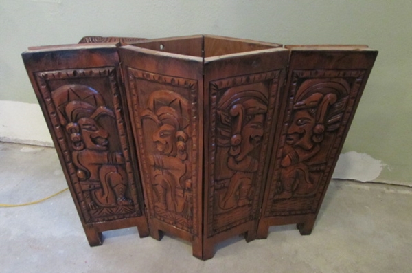 CARVED ASIAN END TABLE REMOVABLE TOP WITH HINGED PANELS