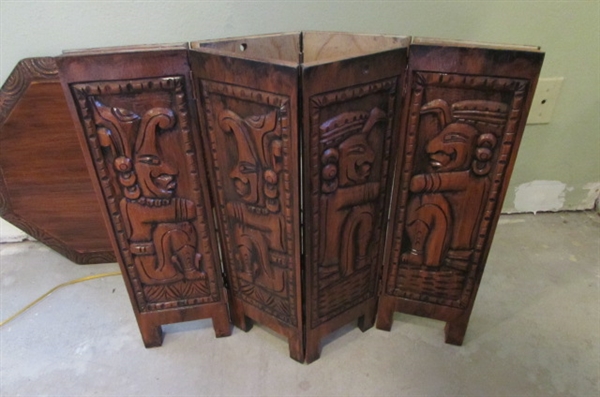 CARVED ASIAN END TABLE REMOVABLE TOP WITH HINGED PANELS