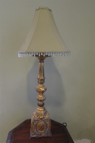 HEAVY GOLD TONE LAMP WITH CREAM BEADED SHADE