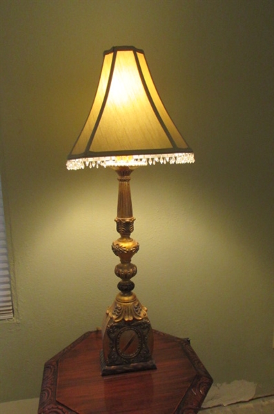 HEAVY GOLD TONE LAMP WITH CREAM BEADED SHADE