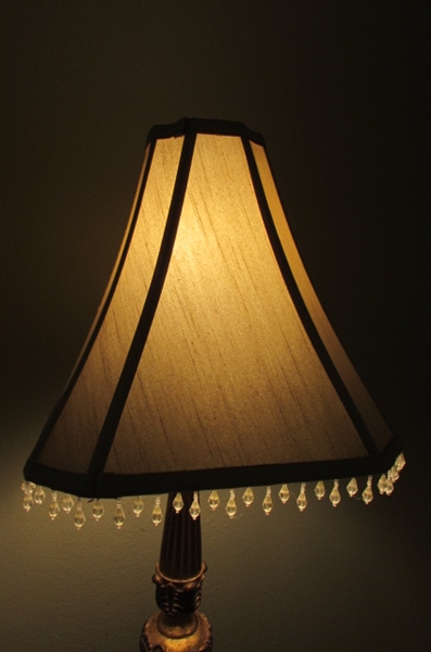 HEAVY GOLD TONE LAMP WITH CREAM BEADED SHADE