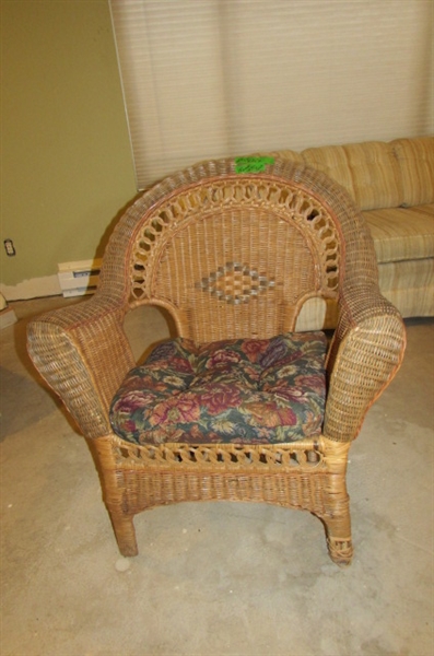 WICKER CHAIR WITH FLORAL SEAT CUSHION