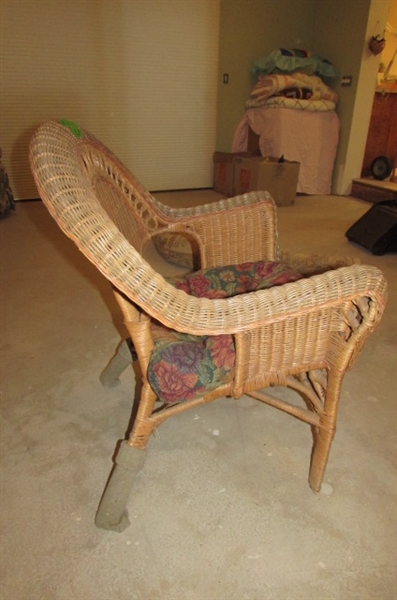 WICKER CHAIR WITH FLORAL SEAT CUSHION