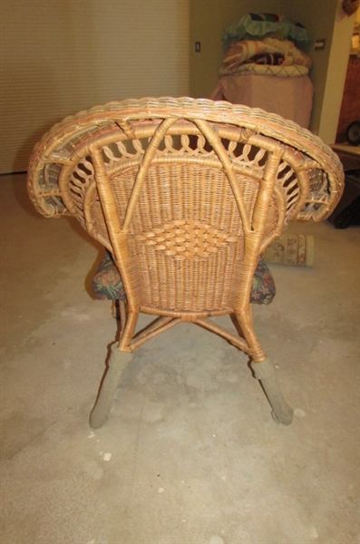 WICKER CHAIR WITH FLORAL SEAT CUSHION