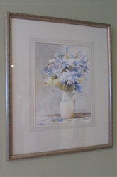 1984 FLOWER IN VASE PRINT BY VIRGIL HARTON MATTED IN GOLD TONE FRAME