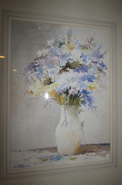 1984 FLOWER IN VASE PRINT BY VIRGIL HARTON MATTED IN GOLD TONE FRAME