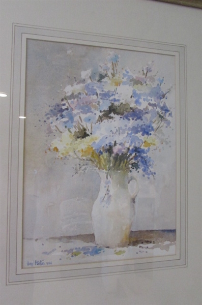 1984 FLOWER IN VASE PRINT BY VIRGIL HARTON MATTED IN GOLD TONE FRAME