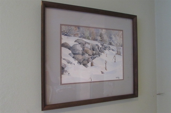 1983 SNOW SCENE IN MATTED WOOD FRAME BY VIRGIL HARTON