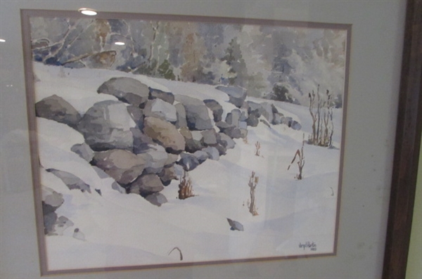 1983 SNOW SCENE IN MATTED WOOD FRAME BY VIRGIL HARTON