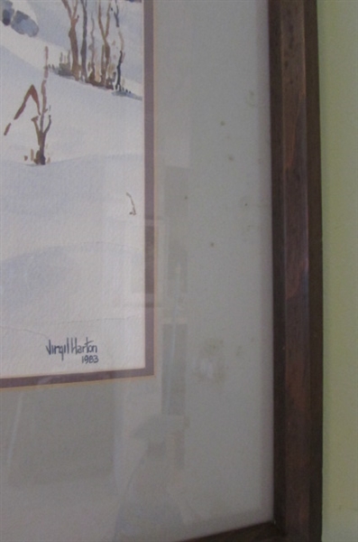 1983 SNOW SCENE IN MATTED WOOD FRAME BY VIRGIL HARTON