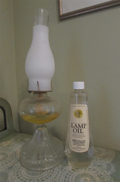 OIL LAMP AND BOTTLE OF LAMP OIL