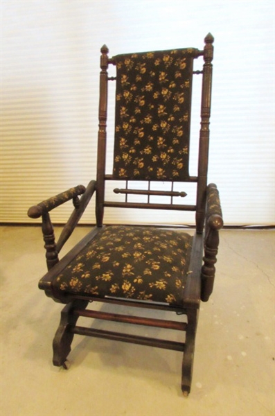 ANTIQUE WOODEN ROCKING CHAIR WITH FLORAL FABRIC PADDED SEAT AND BACK