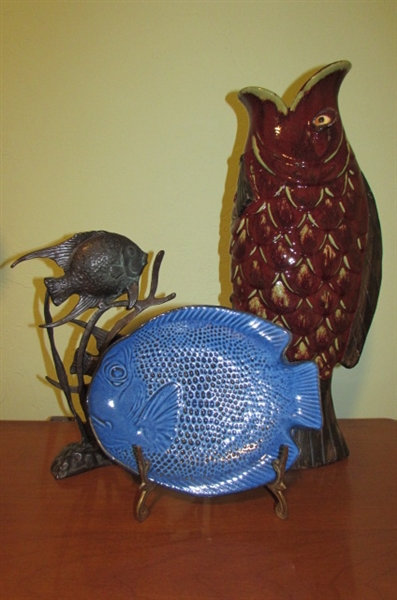 CERAMIC VASE AND DISH WITH CAST IRON FISH LOT