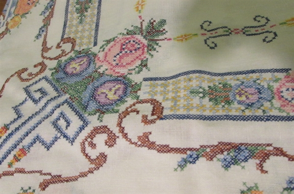 2 HAND STITCHED TABLECLOTHS AND 1 ROUND MACHINE STITCHED