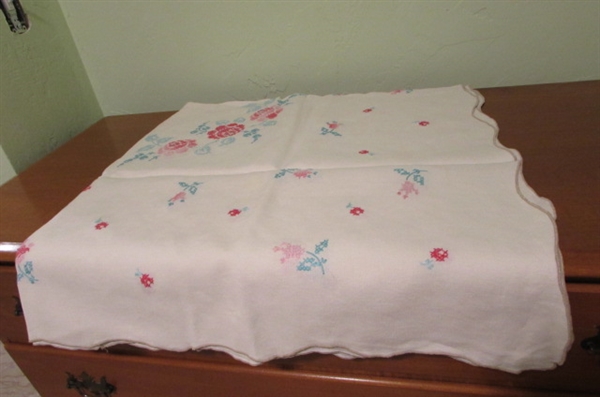 2 HAND STITCHED TABLECLOTHS AND 1 ROUND MACHINE STITCHED