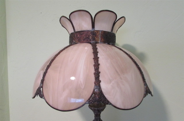 VICTORIAN SLAG GLASS SHADE ON METAL FLOWER LAMP BASE