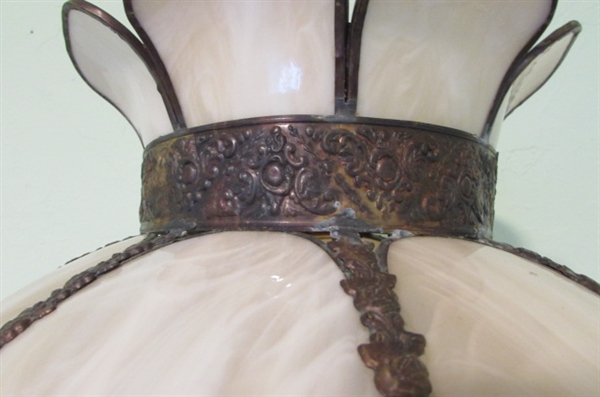 VICTORIAN SLAG GLASS SHADE ON METAL FLOWER LAMP BASE