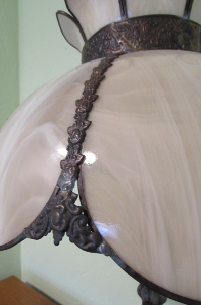 VICTORIAN SLAG GLASS SHADE ON METAL FLOWER LAMP BASE