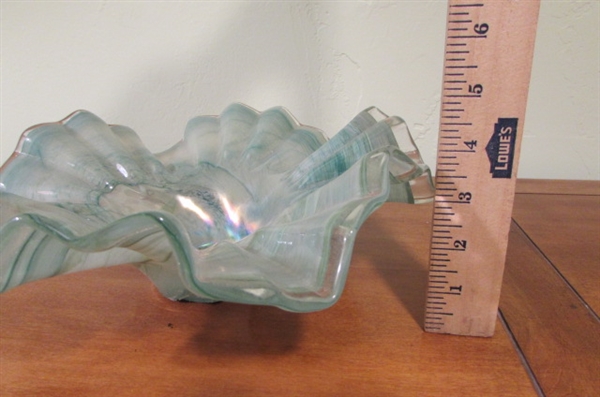 MURANO LIGHT GREEN RUFFLED DISH & CERAMIC BOWL